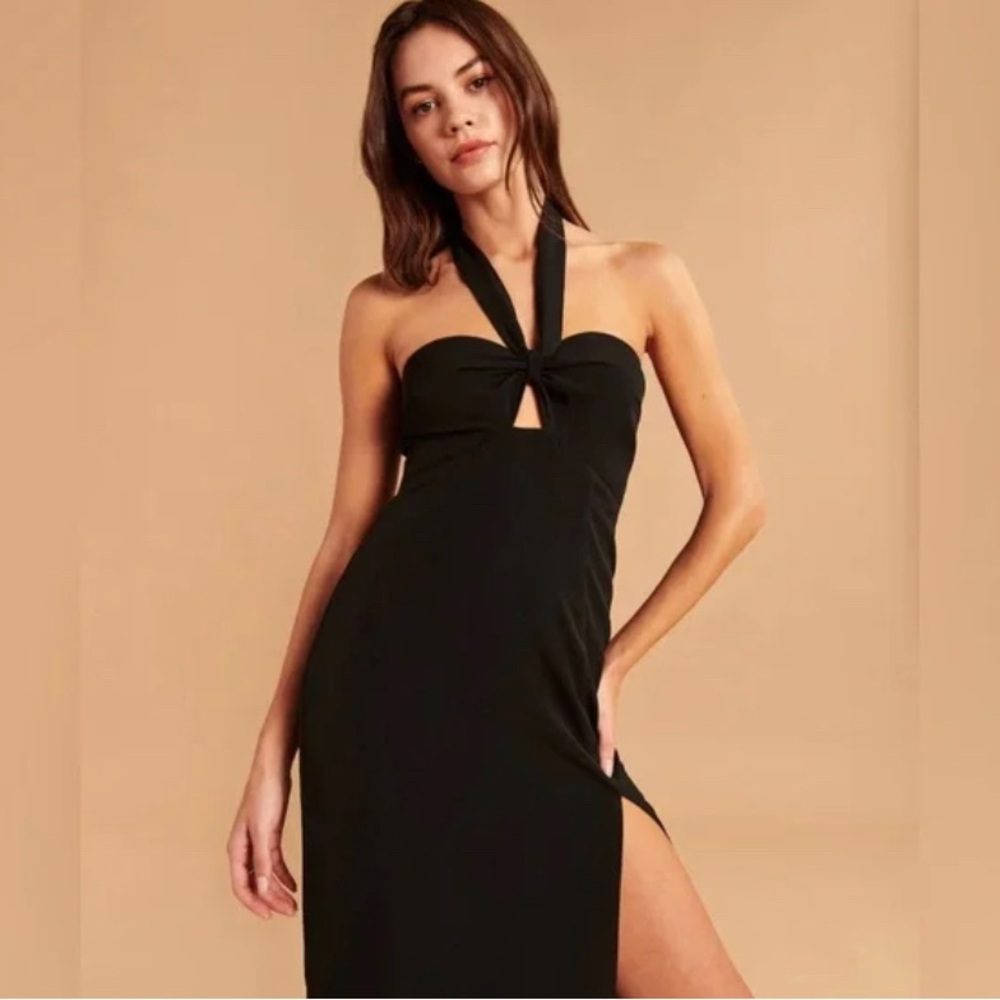 Black midi dress - knot front slit dress